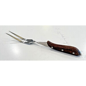 VTG JAPAN Stainless Steel Carving Fork Twisted Steel Brown Wood Handle Heavy